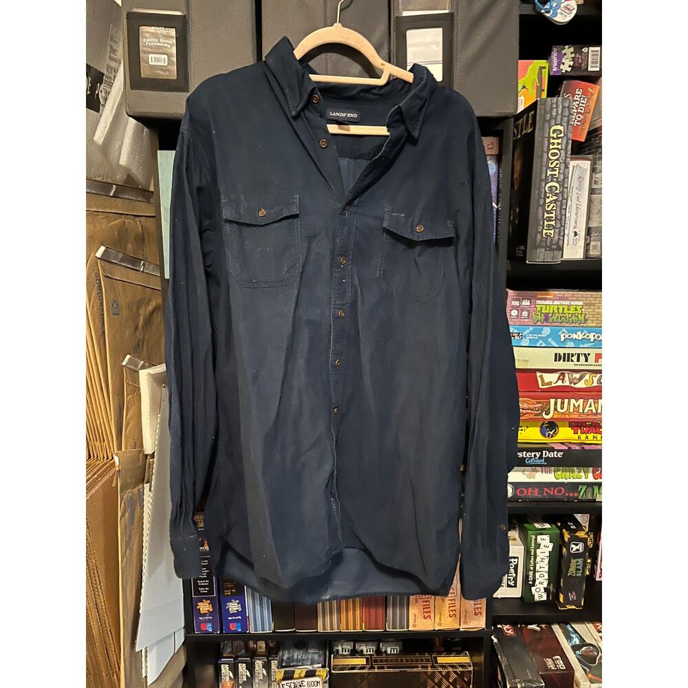 Lands’ End Navy Button Down Shirt XL 17-17.5 Traditional Fit 100% Cotton